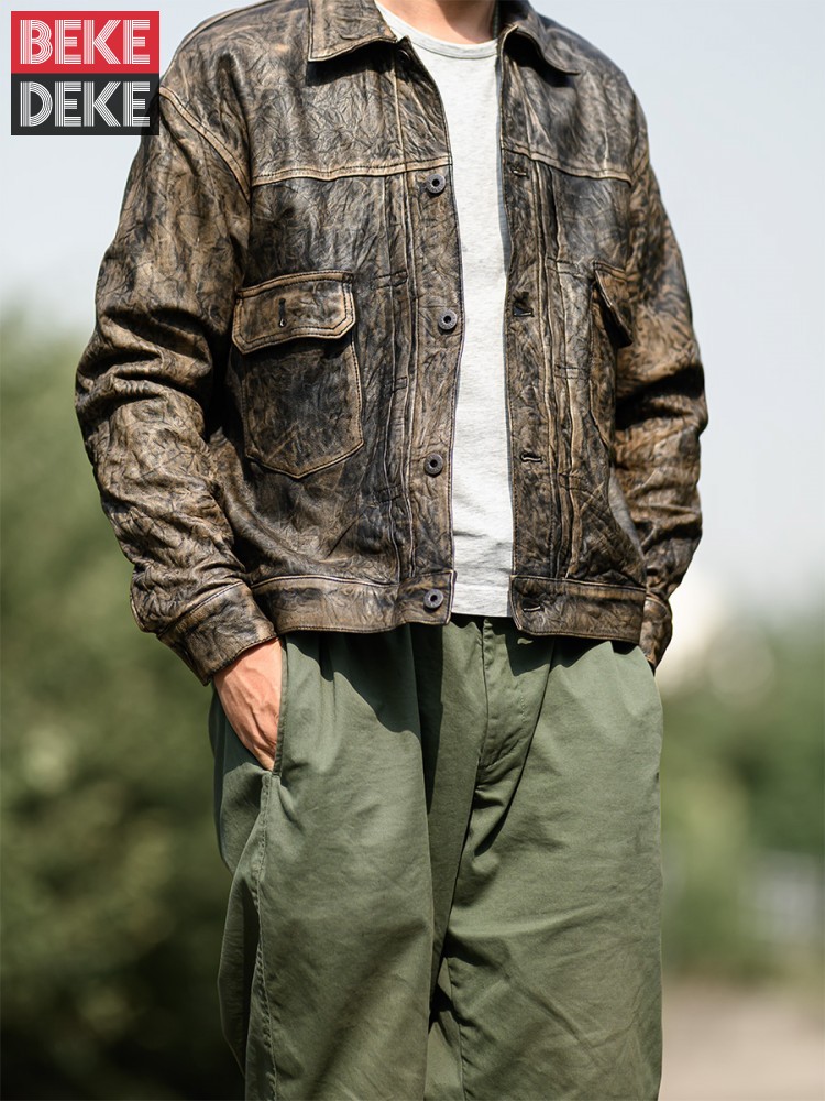 Leather Work Jacket Mens - Vintage Wrinkled Real Sheepskin Jacket Men