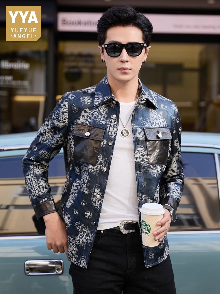 Leather Work Jacket Mens - Luxury New Fashion Floral Printed Mens