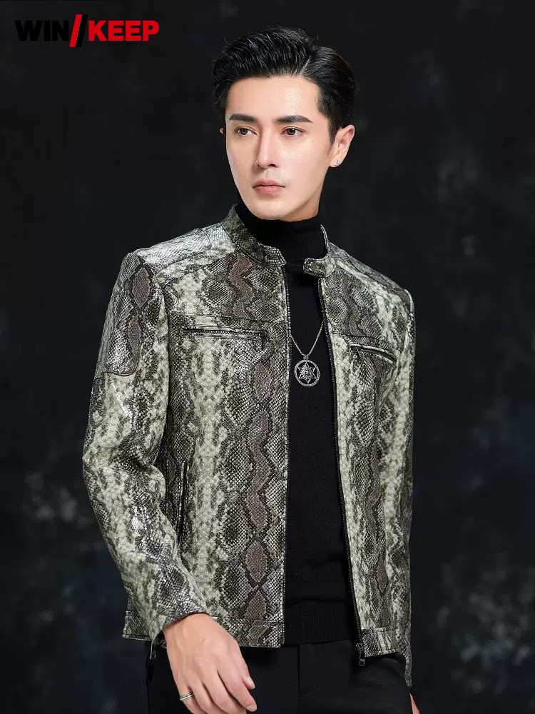 Leather Work Jacket Mens - Spring Men Snake Pattern Sheepskin Genuine