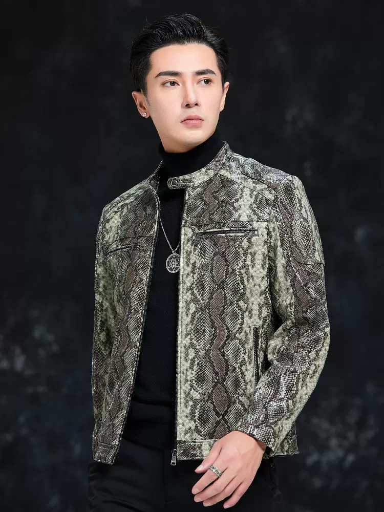 Spring Men Snake Pattern Sheep - Leather Work Jacket Mens review and price