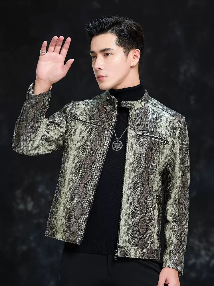 Spring Men Snake Pattern Sheep - Leather Work Jacket Mens review and price