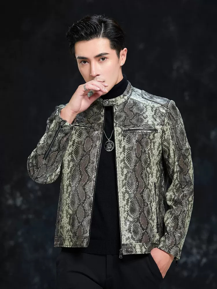 Spring Men Snake Pattern Sheep - Leather Work Jacket Mens review and price