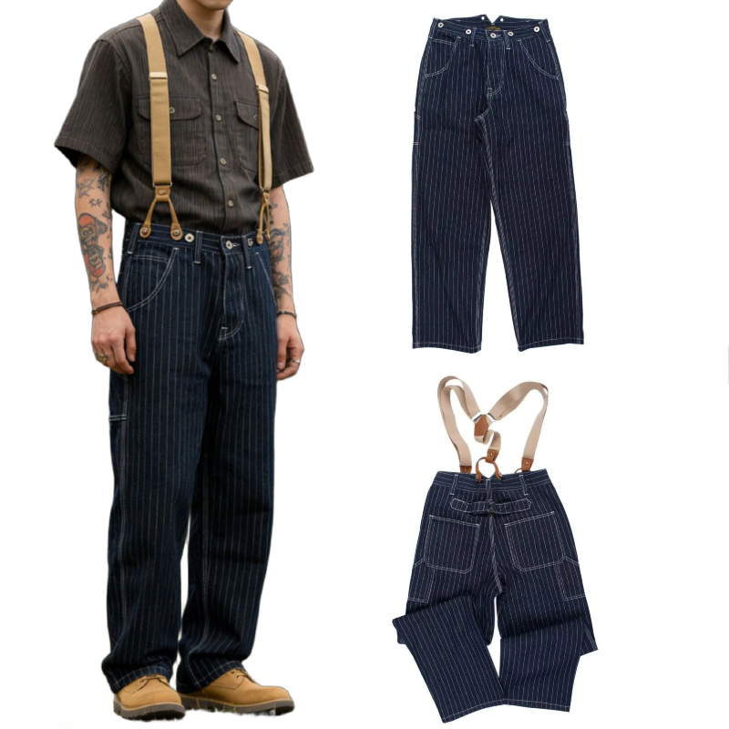Vintage Railroad Stripe Denim  - Leather Work Overalls review and price